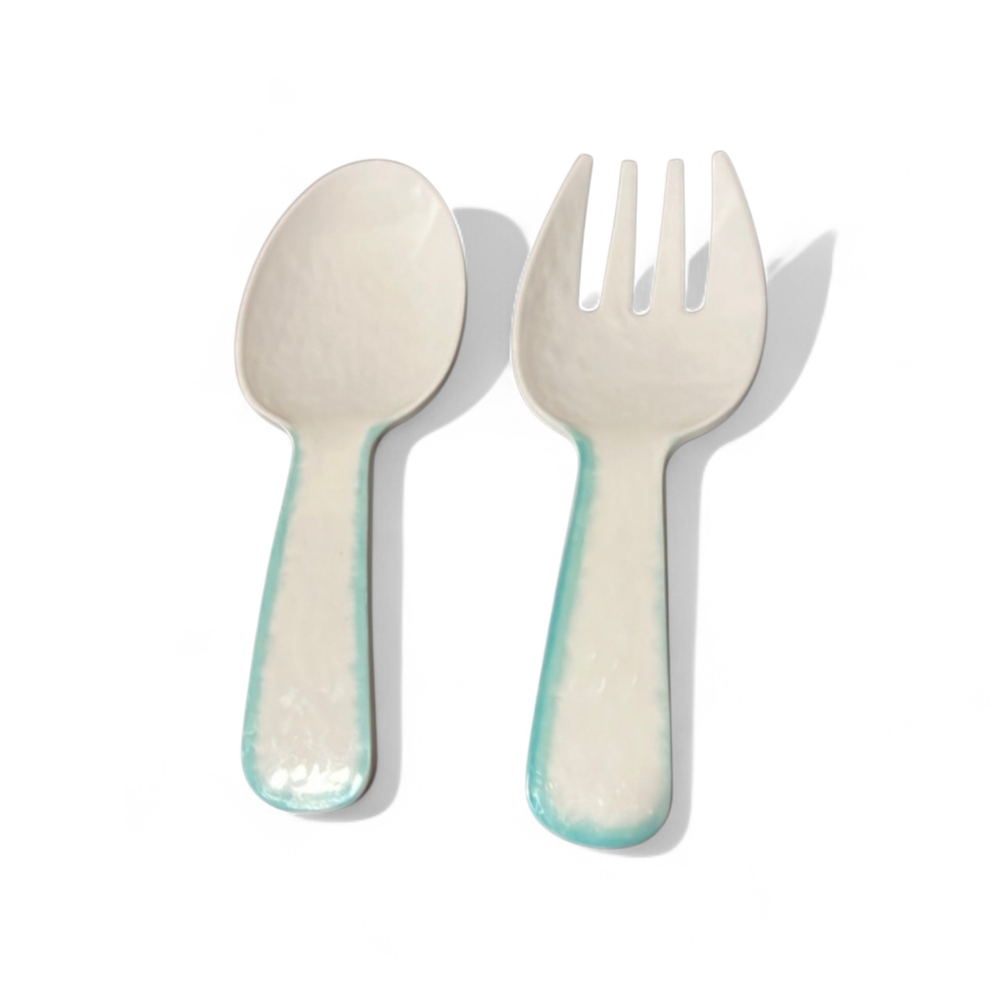 Laurie Gates Mauna Melamine Salad Servers Spoon Fork Aqua Rim Crackle Set
